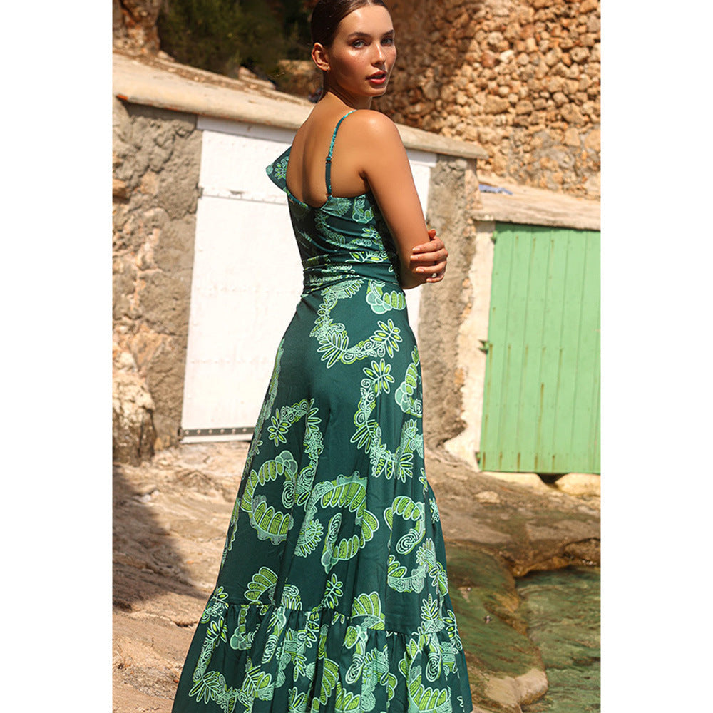 Asymmetric Ruffled Printing Sexy One Piece Swimsuit Women Two Piece Swimsuit