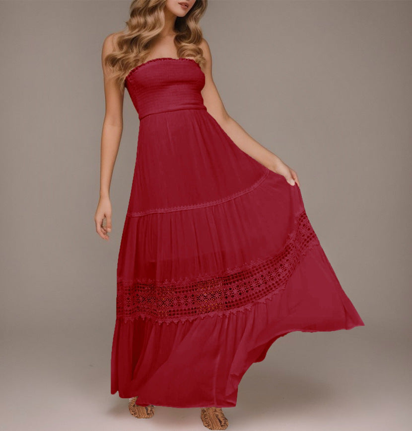 Solid Color Tube Top Hem Long Sleeveless Retro Bohemian Waist Tight Dress