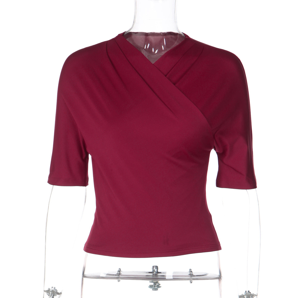Women Clothing Summer Solid Color V neck Trend Slim Fit Slimming Mid Length Sleeve T shirt Top