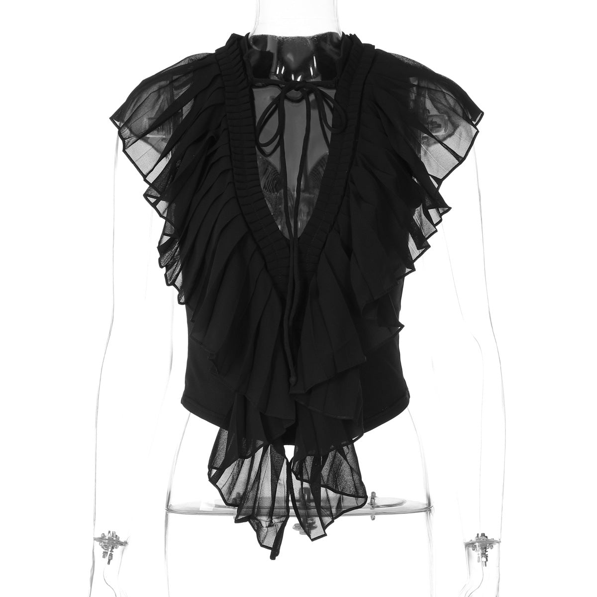 Women Clothing Summer Sexy Deep V Plunge neck Flounce Stitching Strap Sleeveless T shirt Top