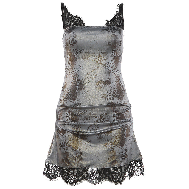 Spring Summer Women Sexy Spaghetti Strap Floral Print Contrast Color Lace Slim Fit Dress For Women