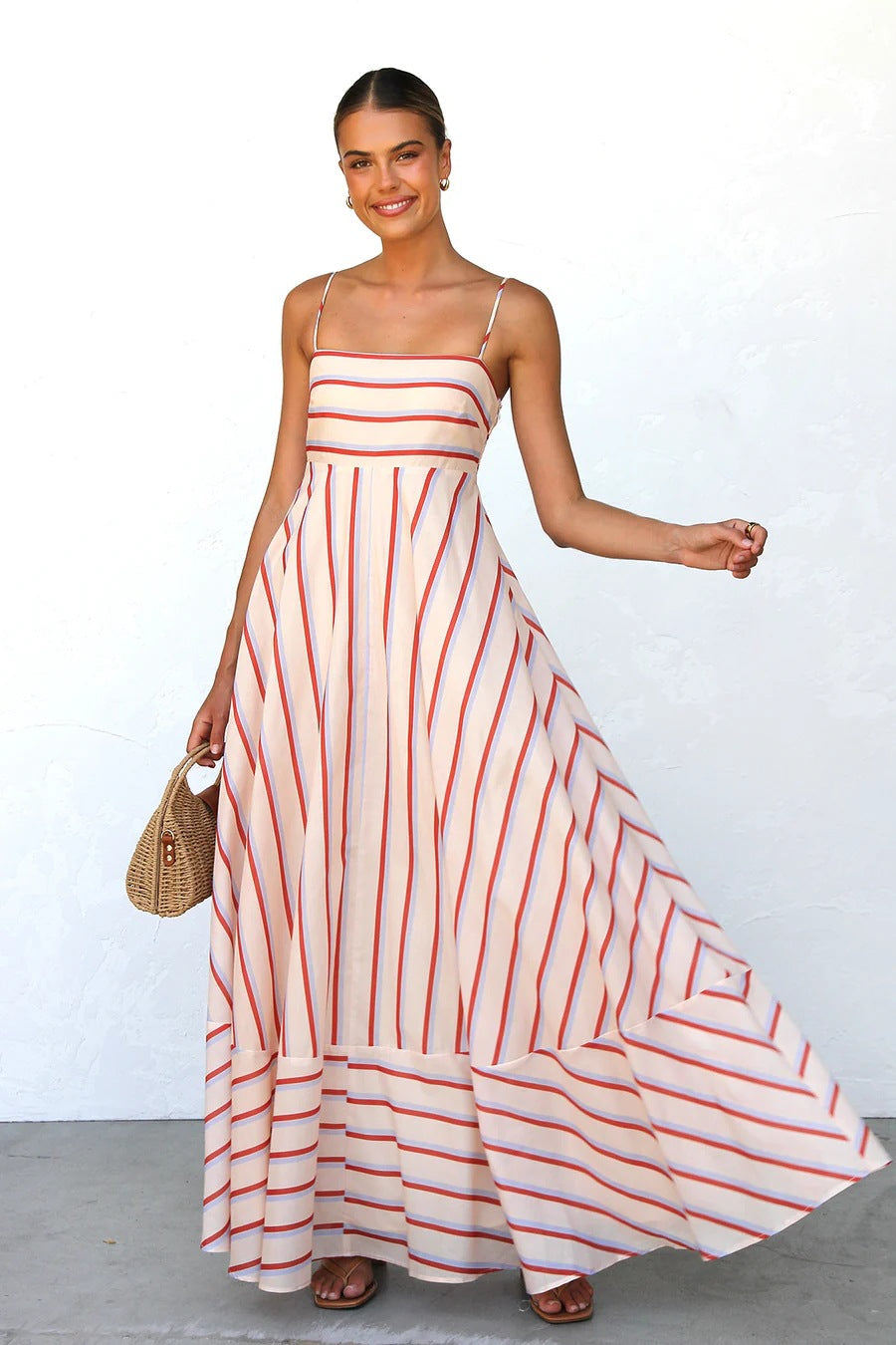 Summer Cami Dress Striped Print High Waist Big Swing Vacation Women Dress