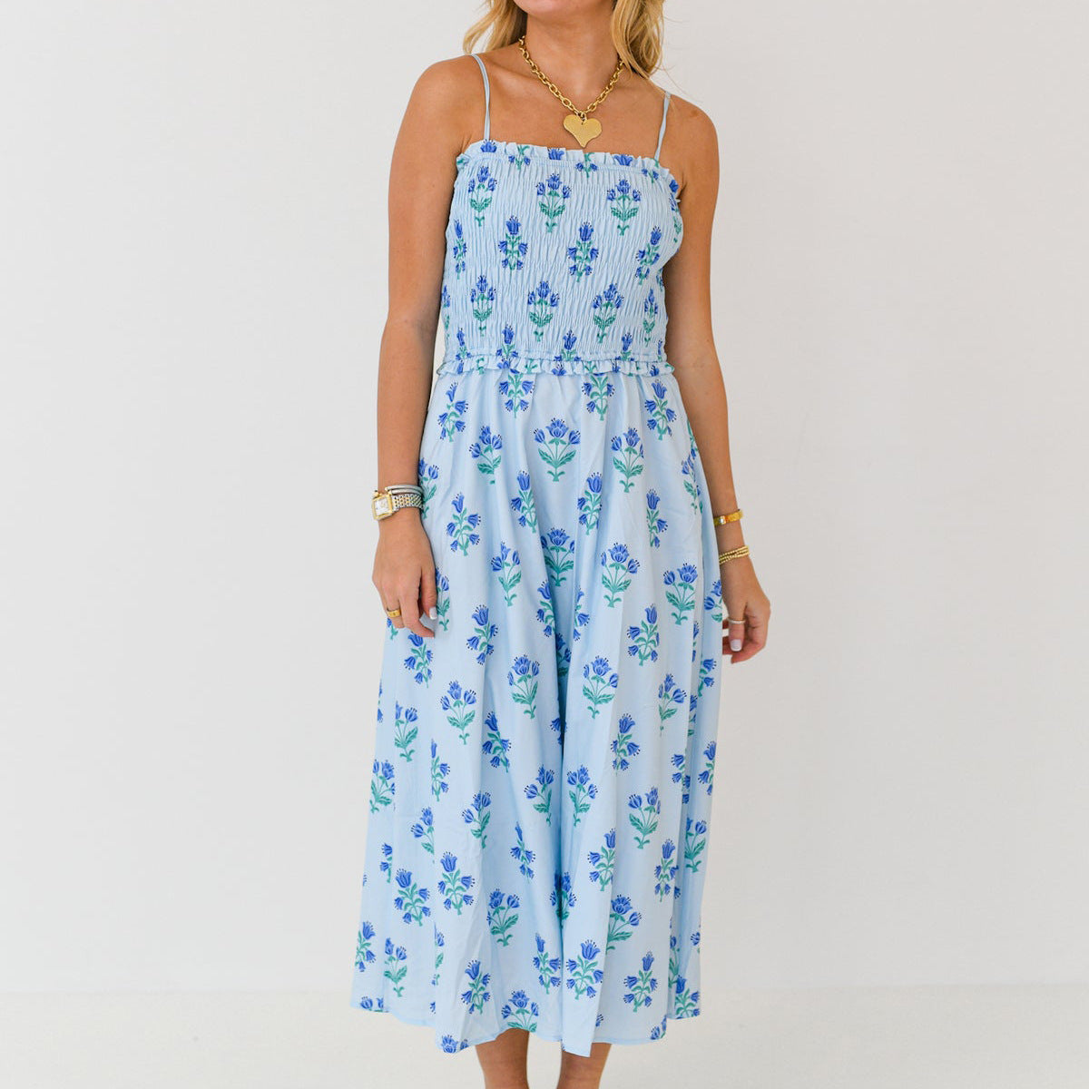 Women Urban Casual Printed Floral Pleated Sling Dress
