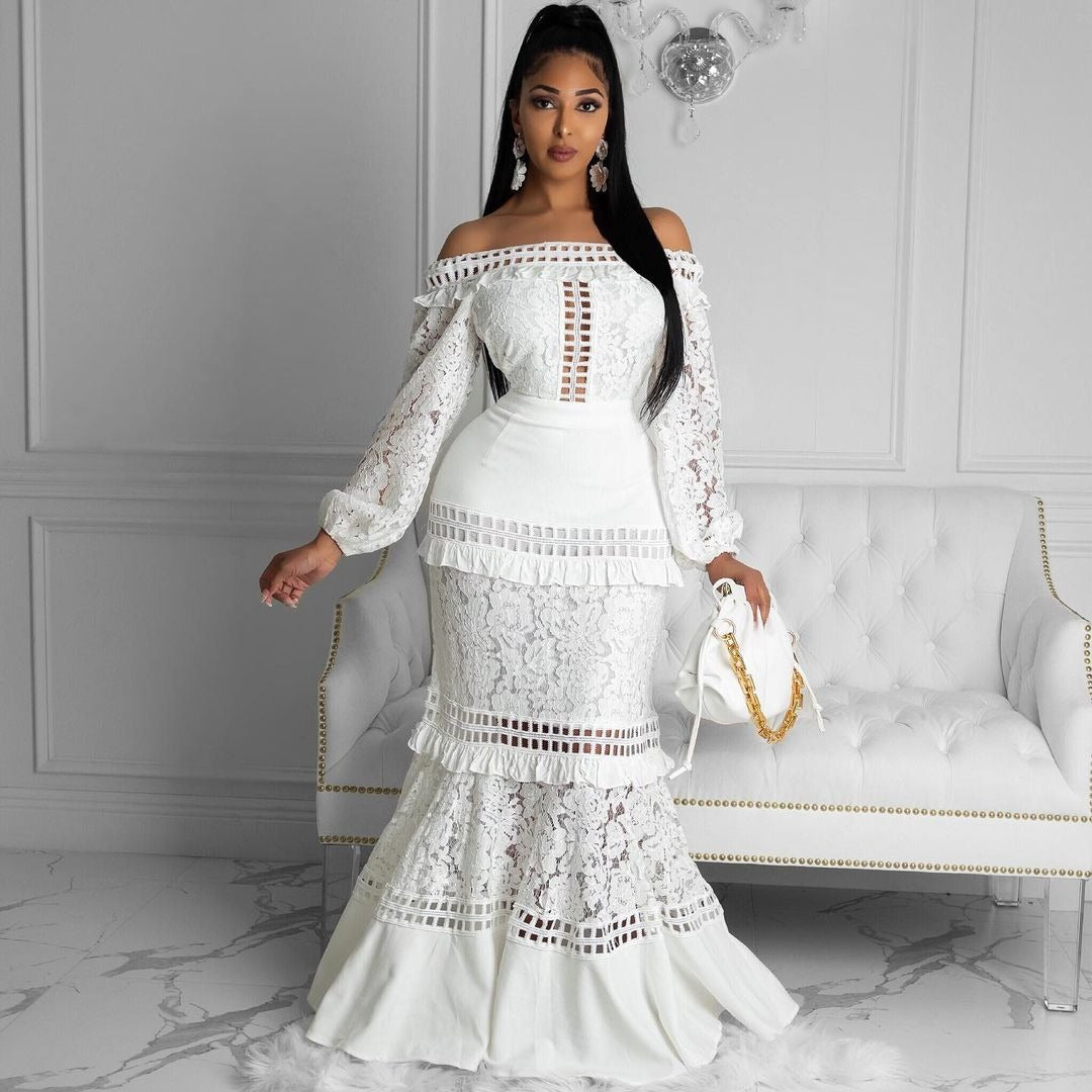 Spring Summer Women Clothing Lace Dress off Shoulder Lotus Leaf Wedding Party Cocktail Dress