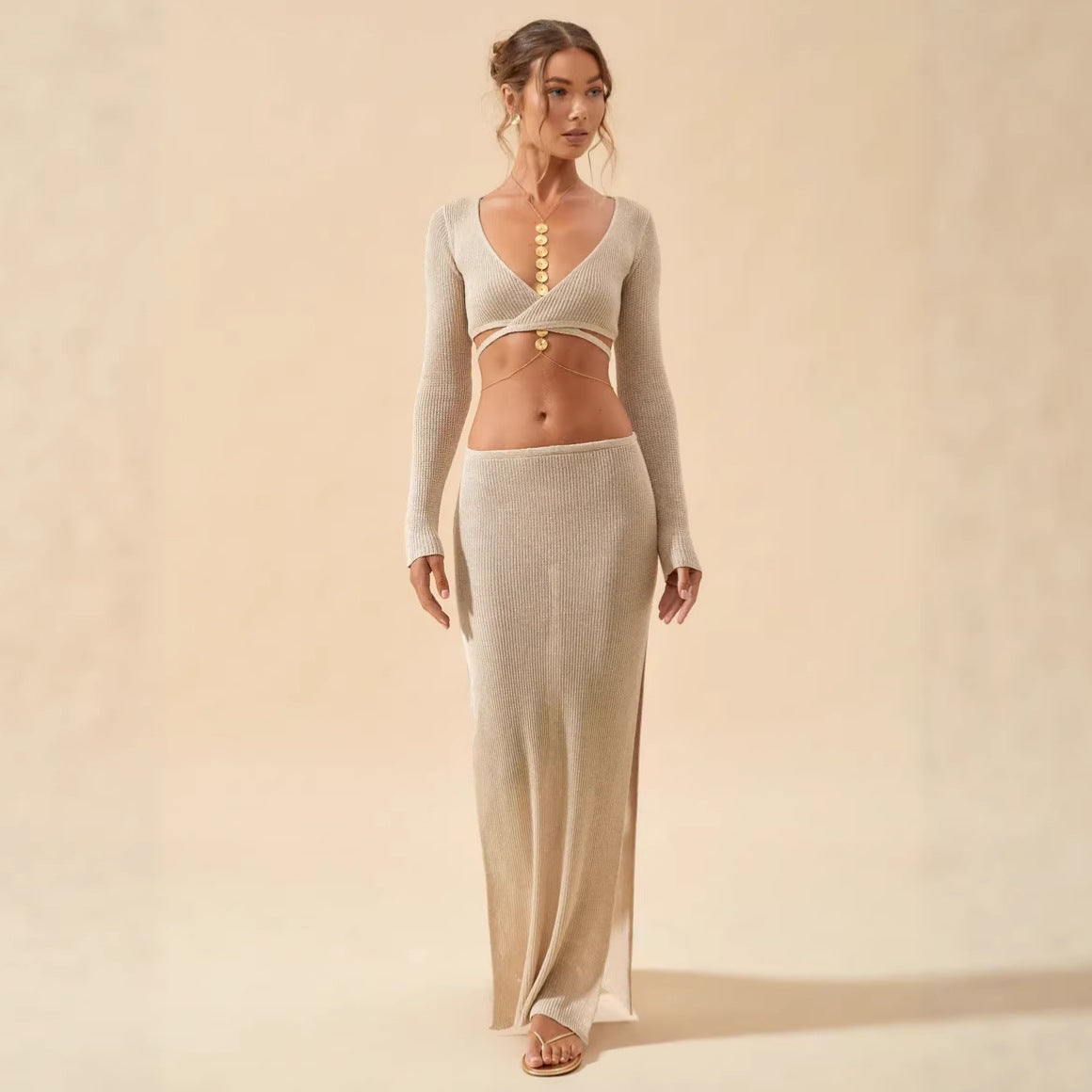Summer Vacation Knitted Two Piece Long Sleeve V neck Top Split Skirt Set Women