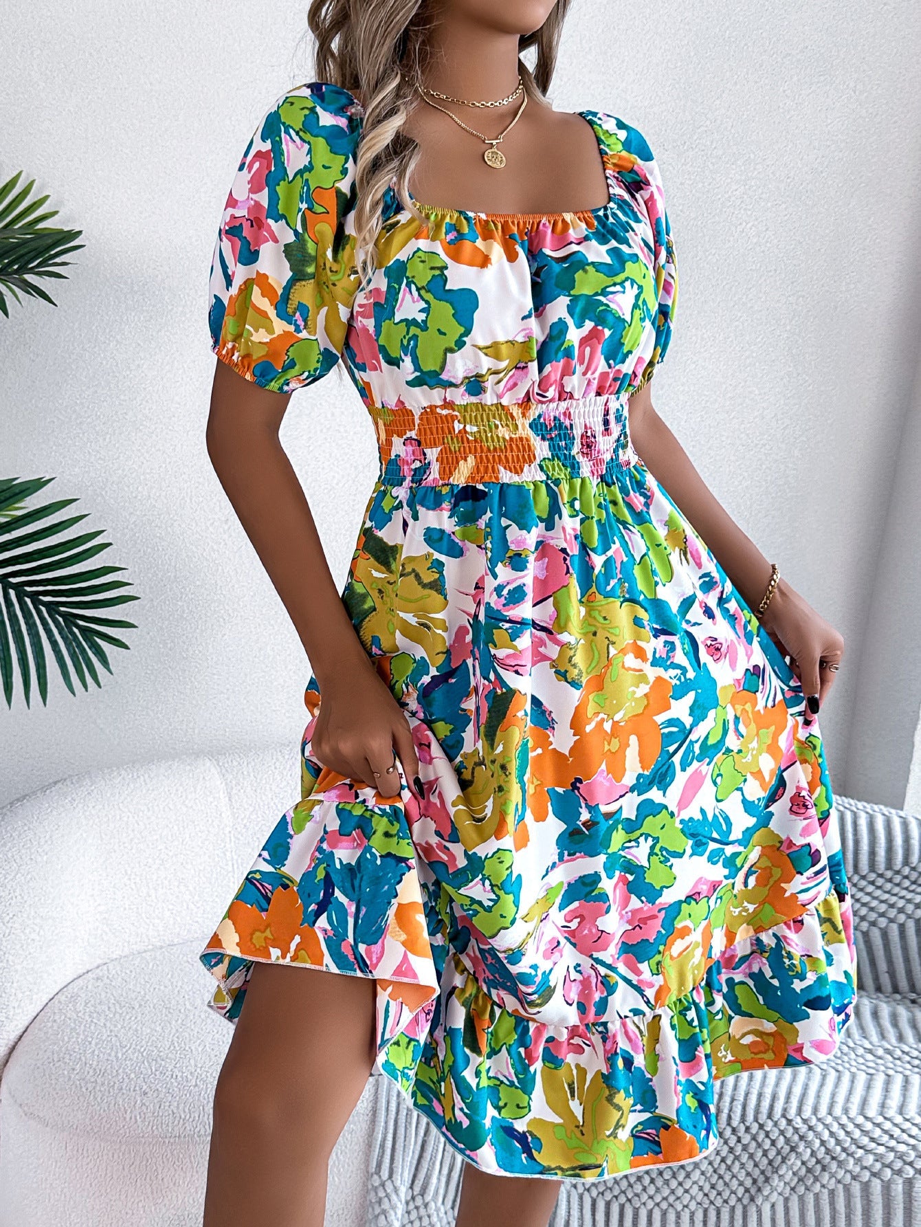 Spring Summer Casual Floral Square Collar Short Sleeve Waist Trimming Ruffles A line Dress Women Clothing