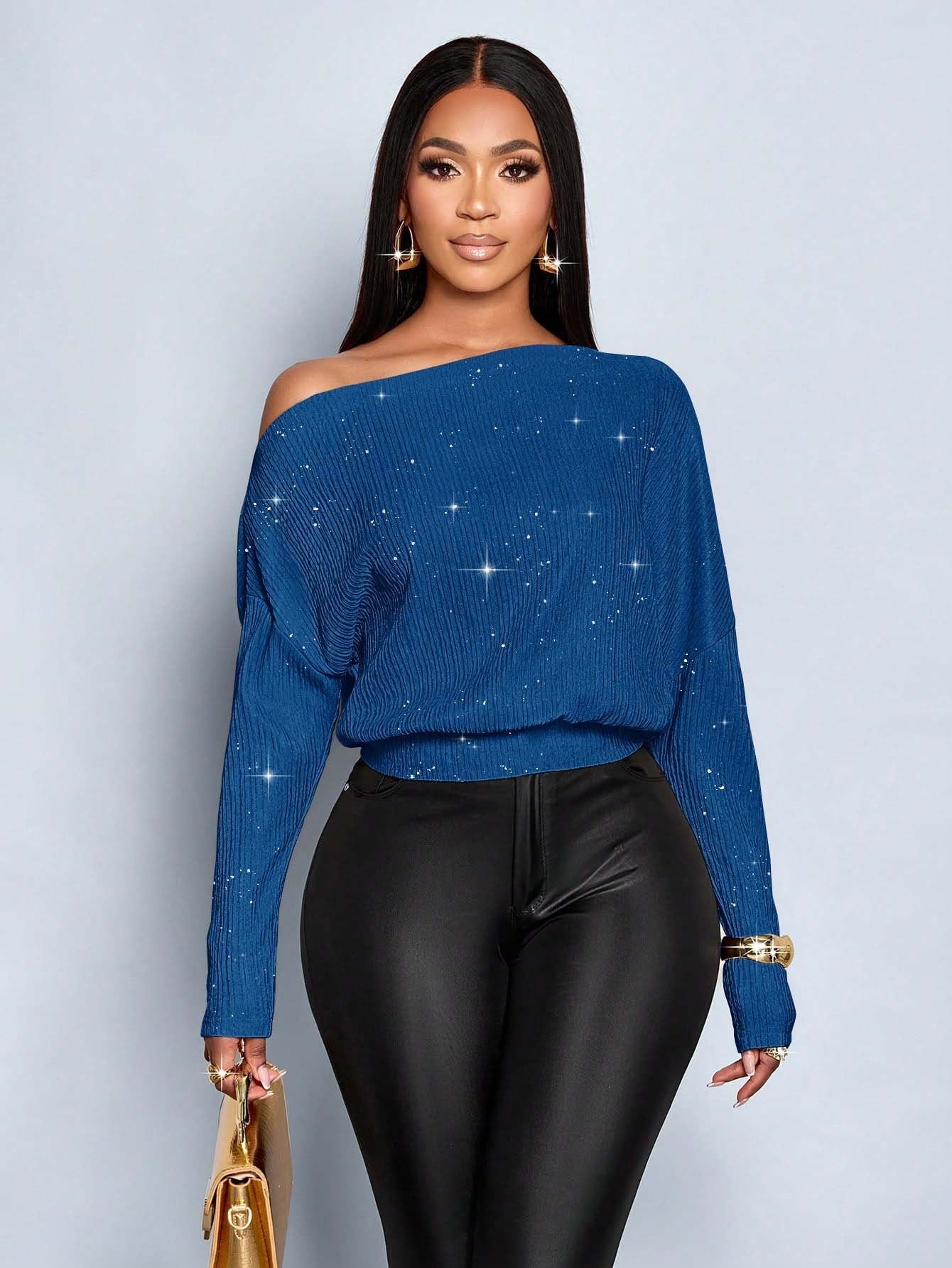 Sloping Shoulder off the Shoulder Sequ Loose Fitting Batwing Sleeve Waist Tight Sweater