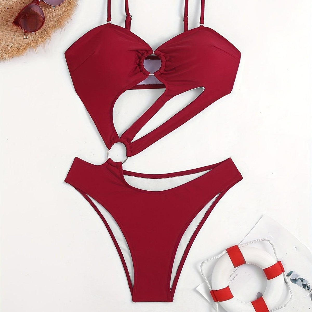 Cash Solid Color Sexy Double-Shoulder Strap High Waist Solid Color Bikini One Piece Wading Sports Swimsuit Women