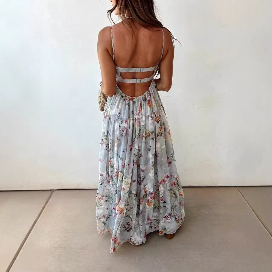 Bohemian Sling Floral Large Swing Dress Summer Chiffon Vacation Loose Flowy Dress