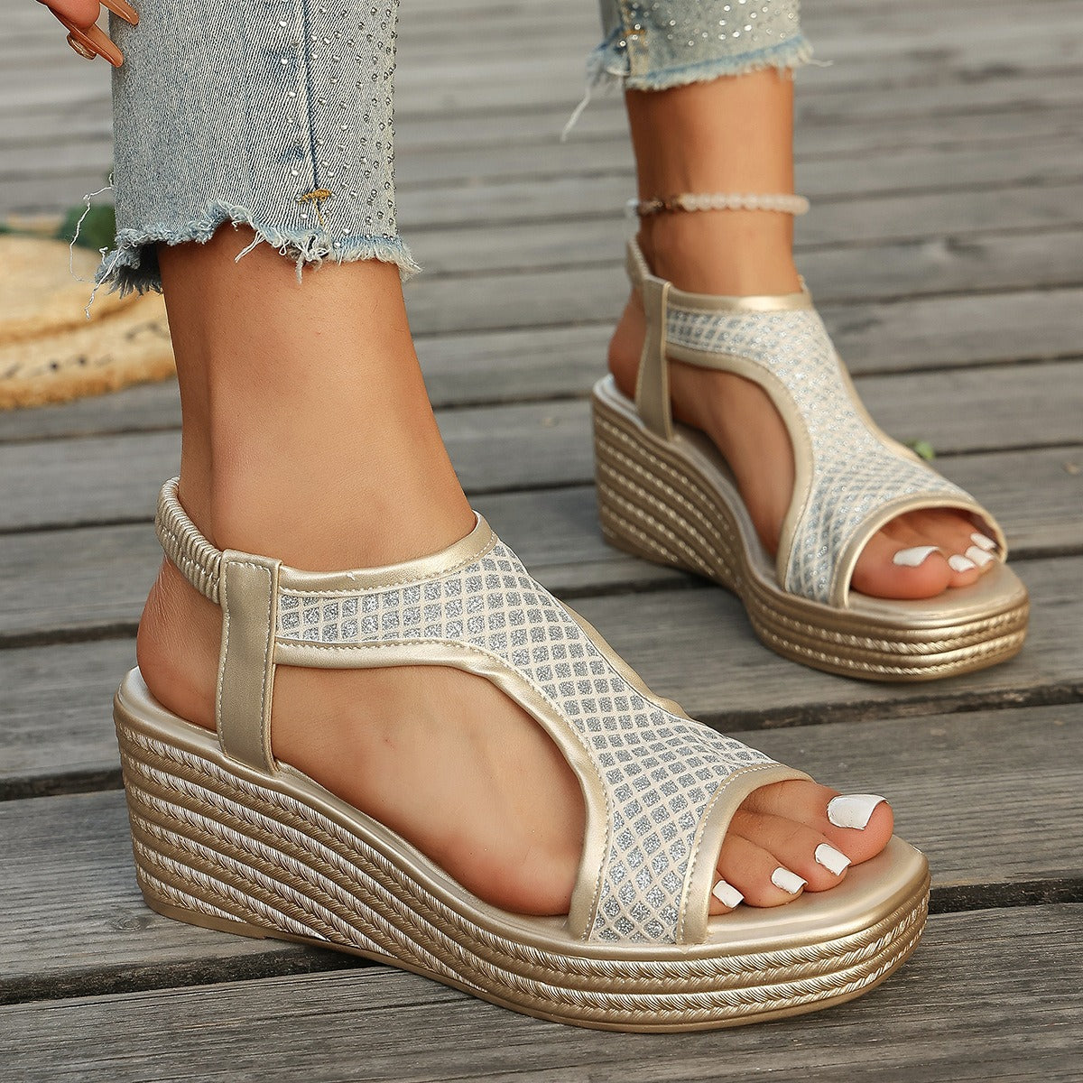 Online Open Toe Wedge Sandals Women Summer Casual Thick Soled Elastic Strap Beach Flip Flops on