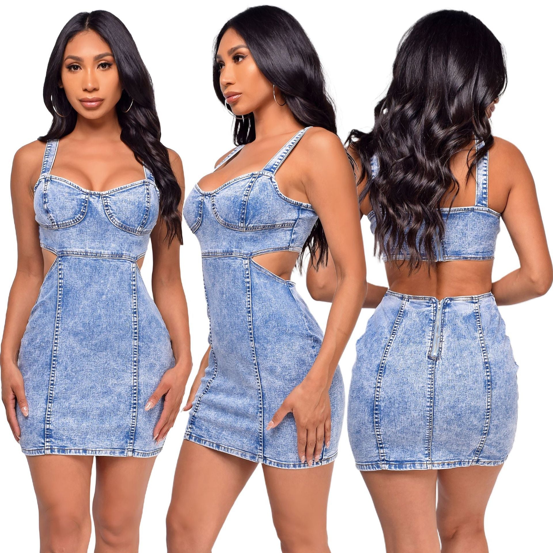 Summer Women Clothing Sexy Denim Sling Backless Dress Denim Dress