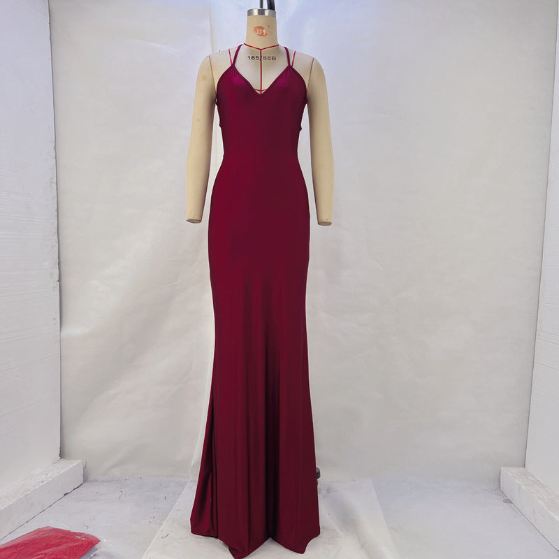 Women Clothing Spring Summer Solid Color Sexy Backless Hip Slimming Long Strap Dress
