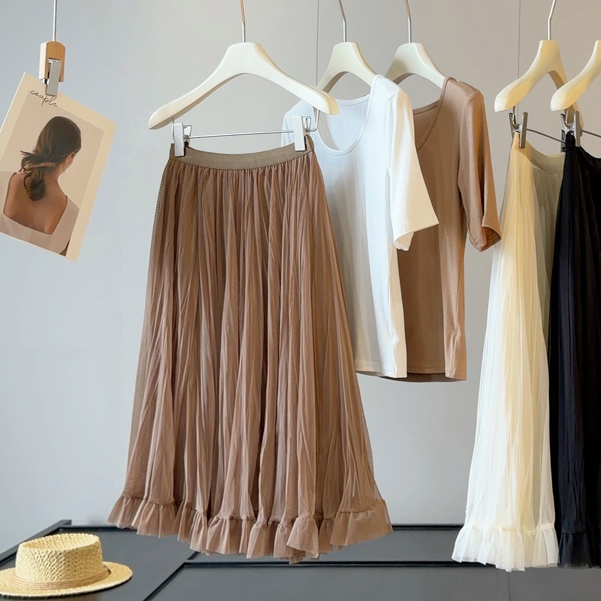 French Pleated Mesh Skirt Women Summer Wide Hem Loose High Waist Slimming Mid Length Yarn Skirt