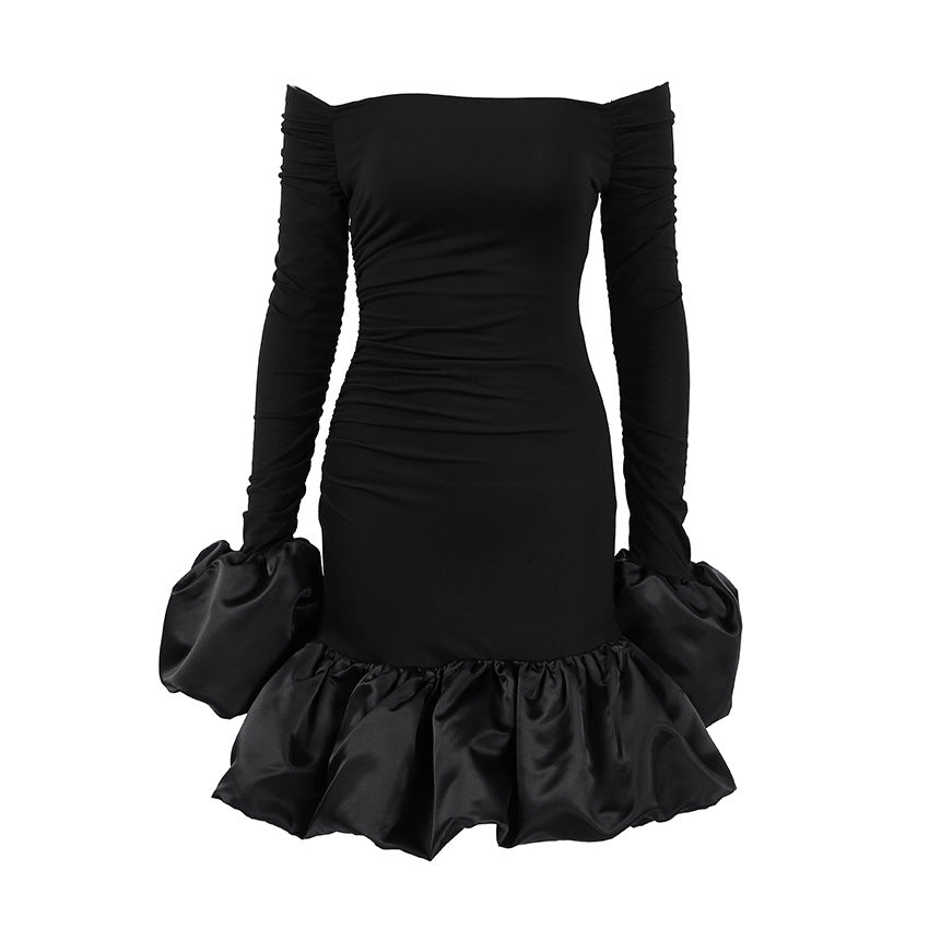 Spring Elegant Black Sexy Backless Knitted Slim Fit Long Sleeved Turtleneck Dress