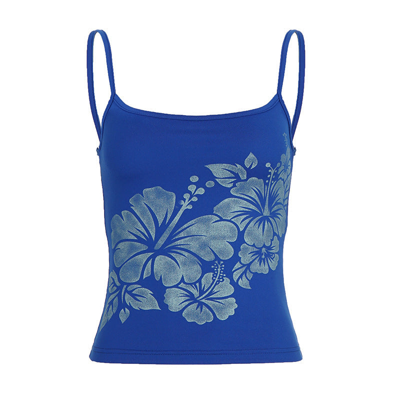 Floral Print Contrast Color Vest Women Hawaii Vacation Backless Small Sling