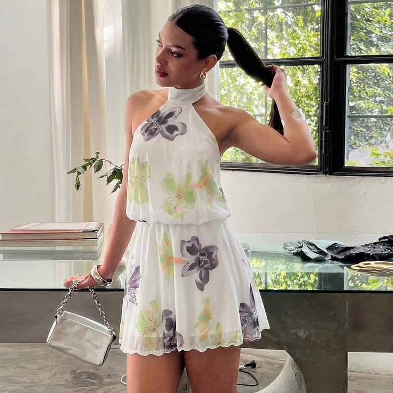 Women Clothing Summer Printed I Halter Fitted Waist Backless Lace up Dress