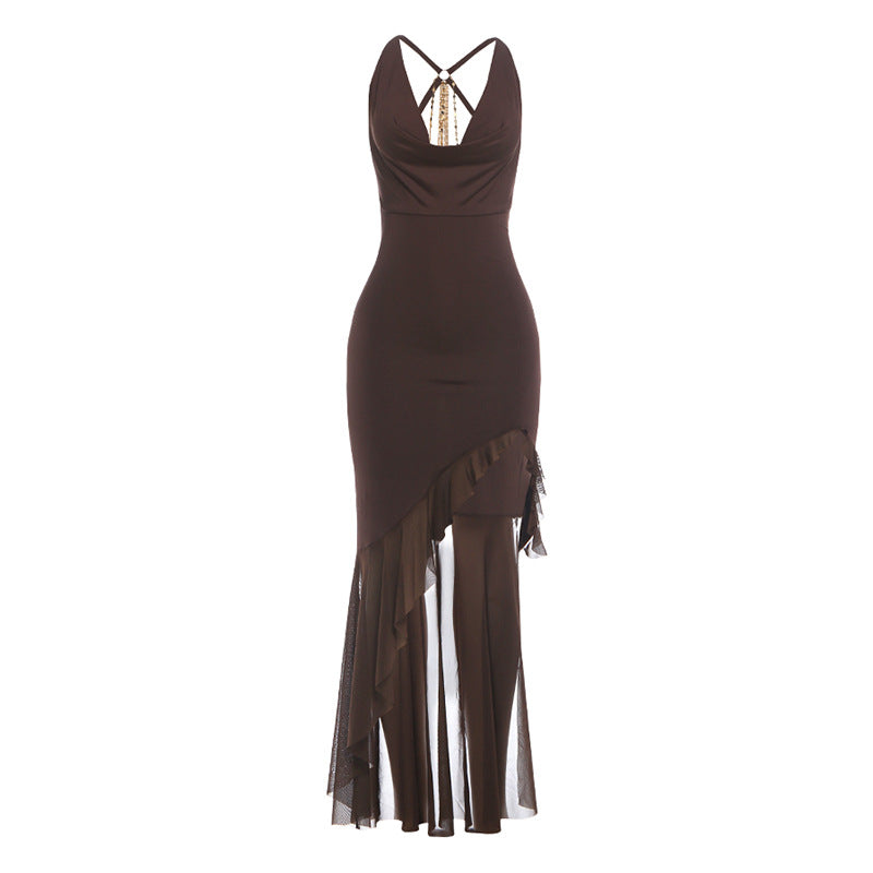 Summer Women Chain Butterfly Sequined Swing Collar Bare Back Ruffle Dress