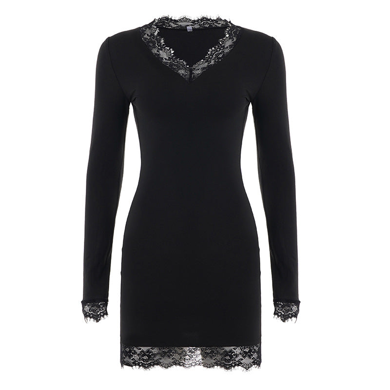 Sexy Lace Stitching V neck Long Sleeve Dress Women Elegant Slim Bottoming Solid Color Dress