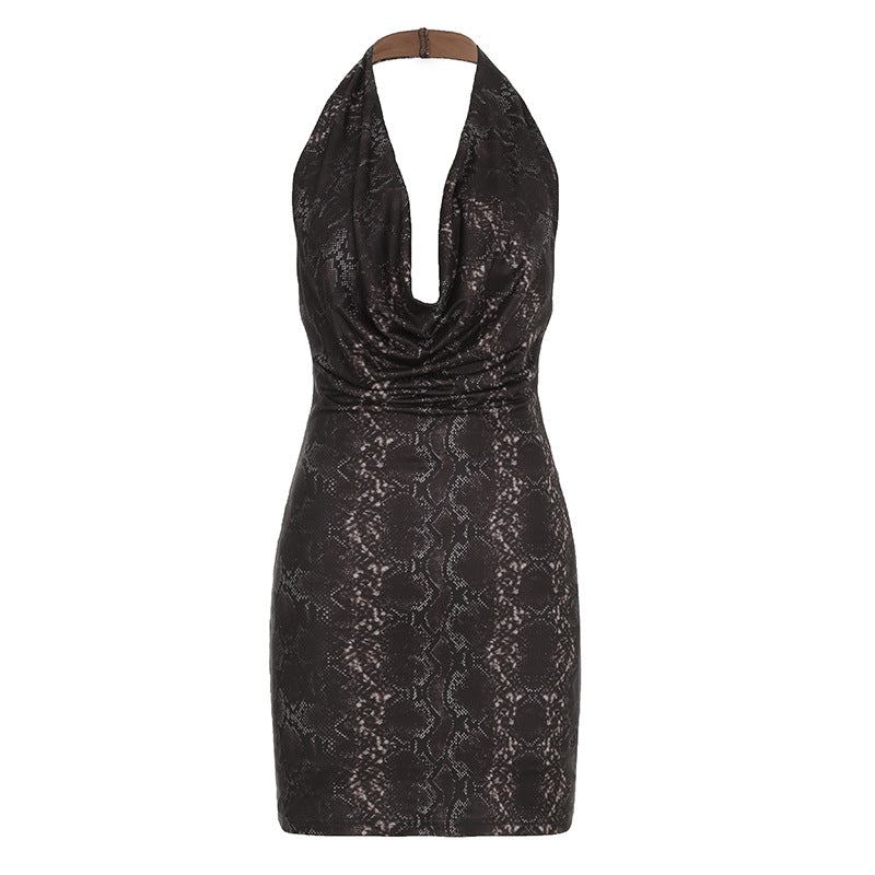 Metallic Glossy Features Swing Collar Sleeveless Halter Dress Backless Sheath Sexy Dress