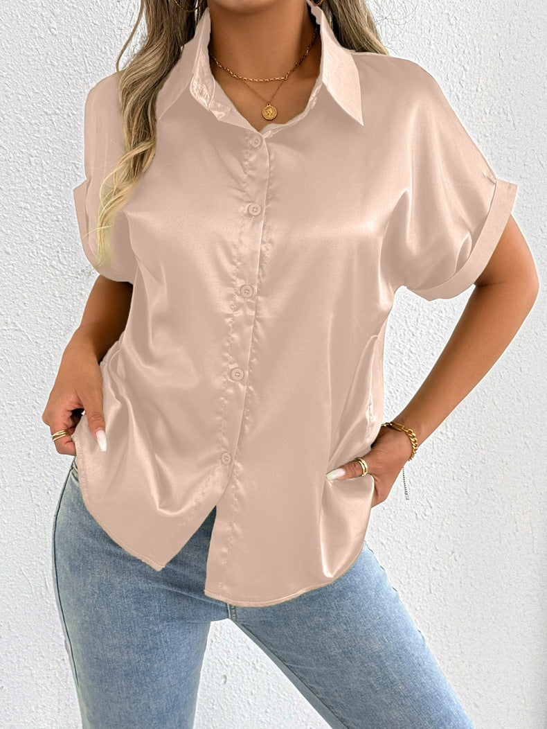 Women Clothes Summer Blue Color Satin Shirt Women Satin Shirt