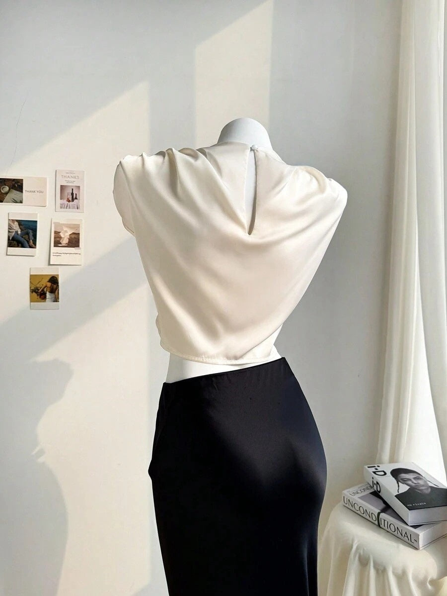 Women Clothing Pleated Batwing Sleeve Satin Shirt Stand Alone Satin Artificial Silk Short Top