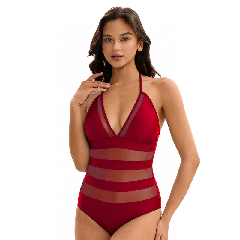 Sexy Triangle One Piece Swimsuit for Women Slimming Solid Color Mesh
