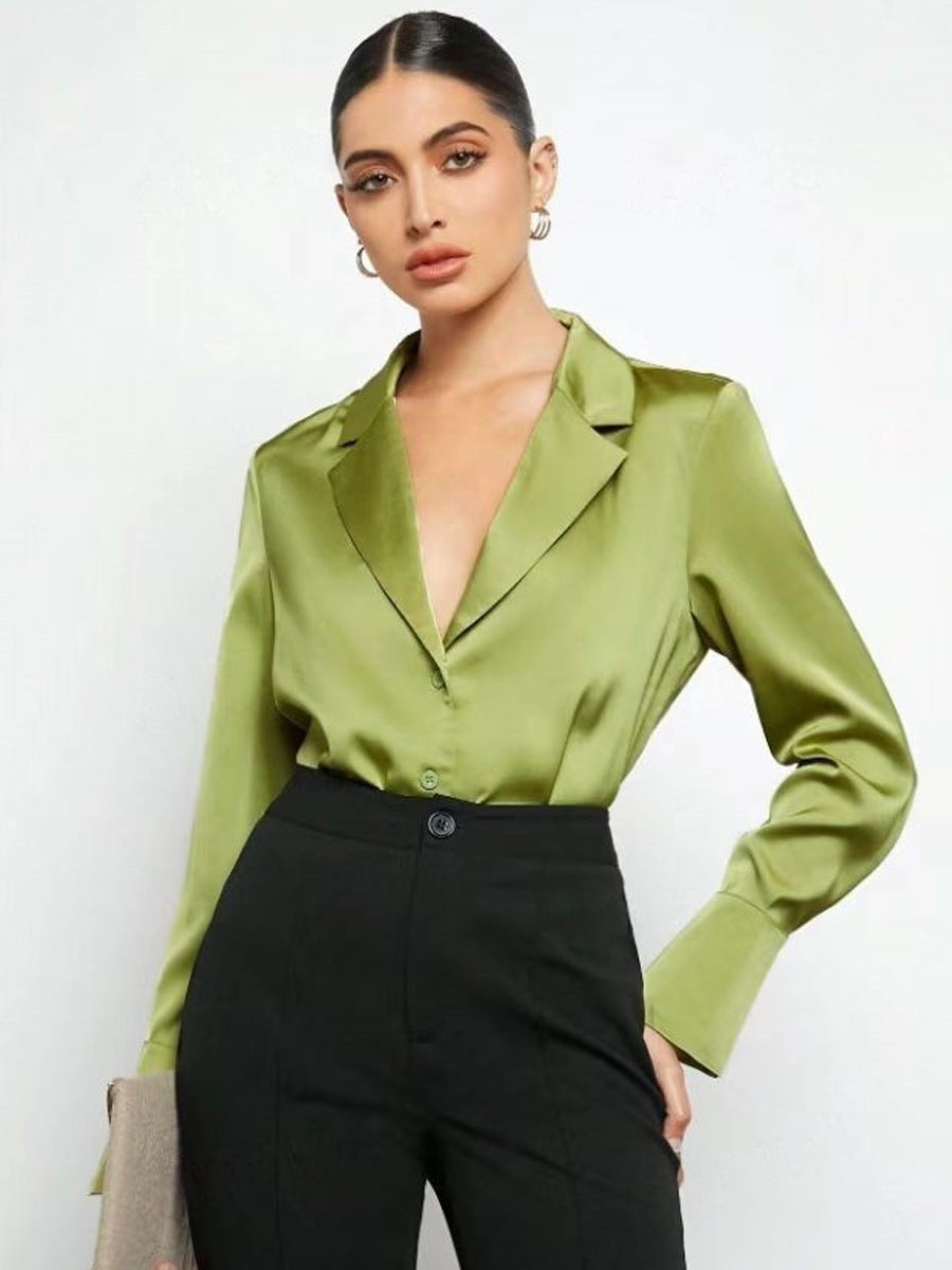 Satin Faux Silk Shirt Spring Summer Women Clothing Minimalist Long Sleeve Shirt Top