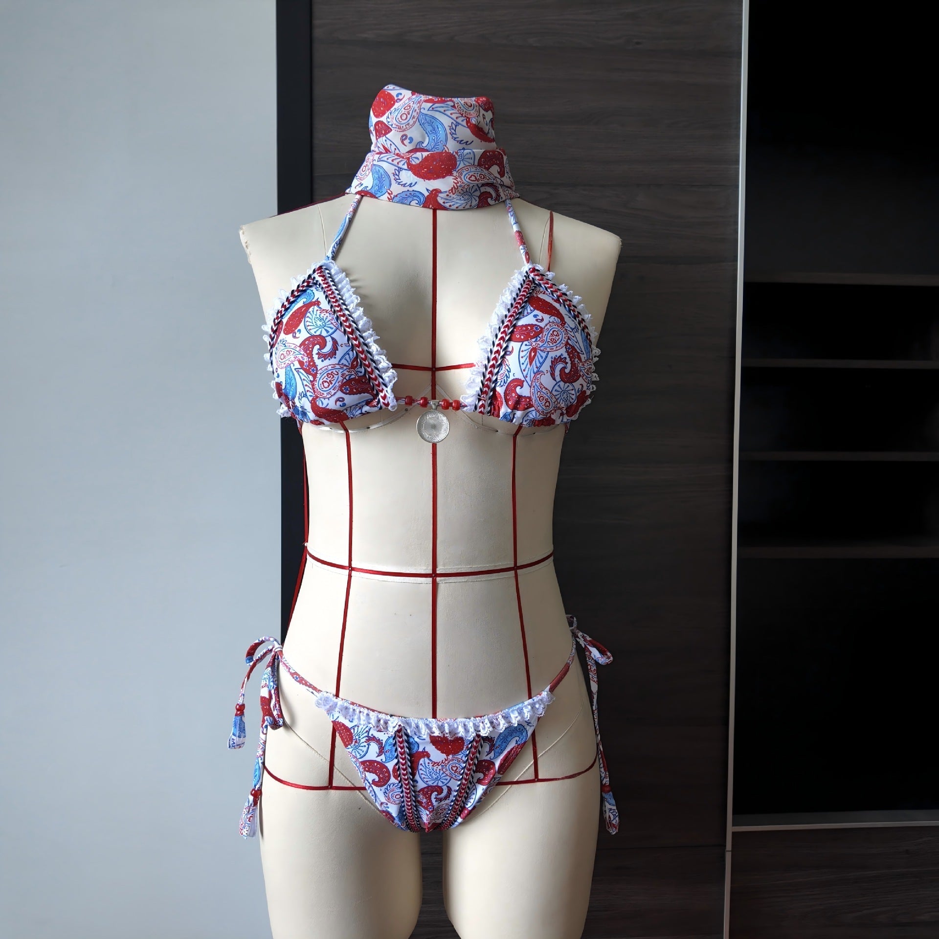 Printed Lace up Split Swimsuit Women Lace Sexy Bikini
