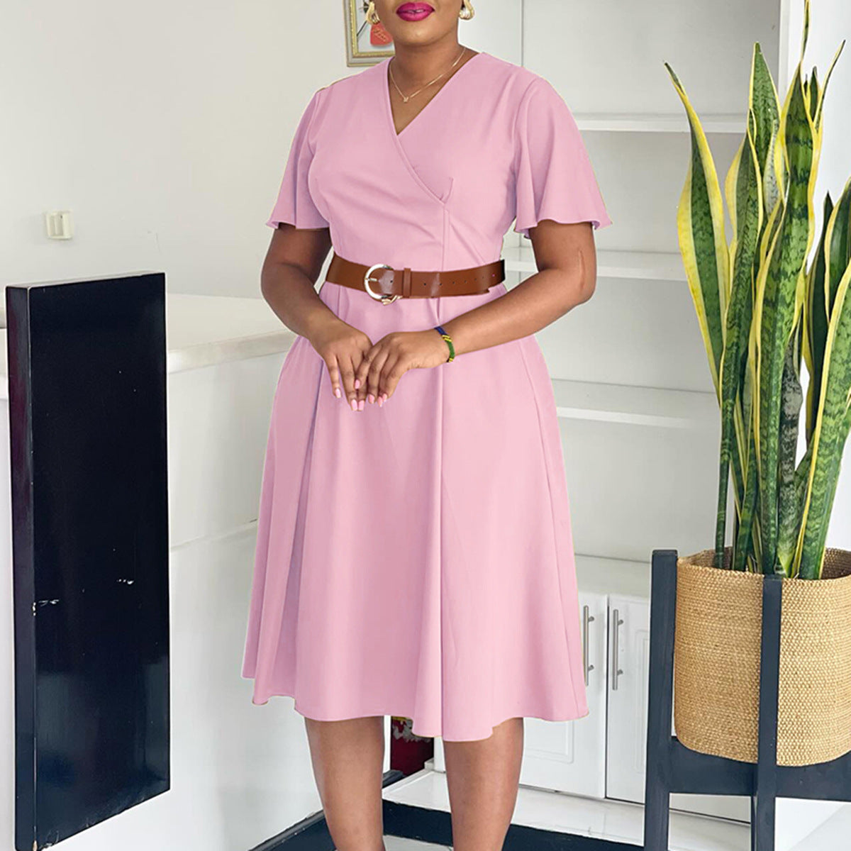 Women Clothing Elegant Solid Color V neck Flared Sleeves Dress