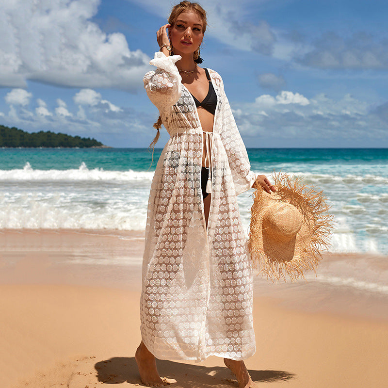 Circle Lace Long Cardigan Beach Vacation Sun Protection Coat Beach Cover Up Swimsuit Outwear Women Crochet hook