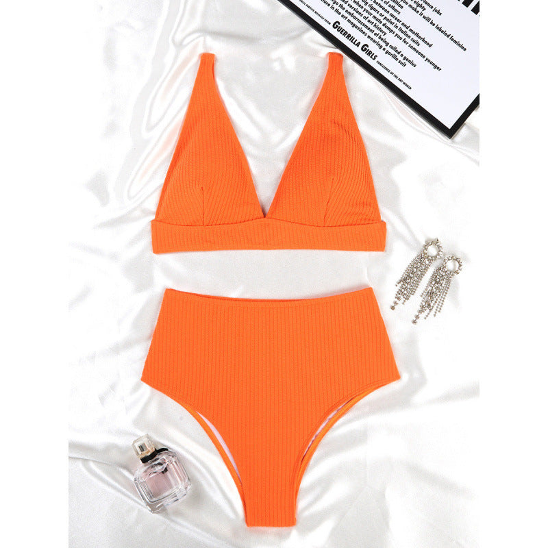 Solid Color High Waist Sunken Stripe Bikini Sexy Swimsuit Women Split Special Fabric Swimsuit