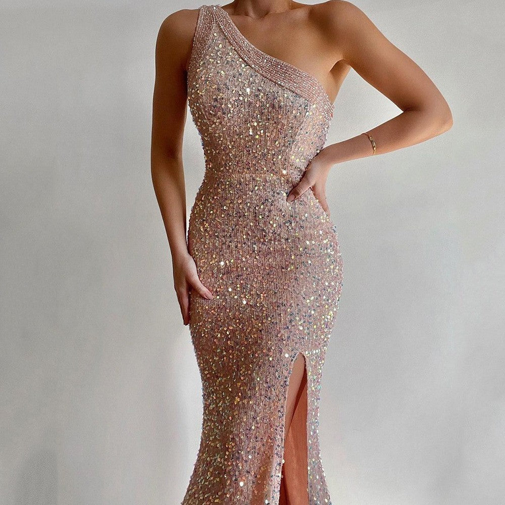 Women Clothing Pink Split Dress One Shoulder Sequ Dress