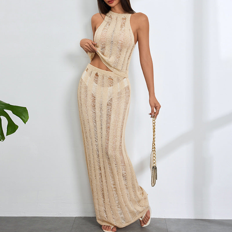 Women Clothing Sexy Hollow Out Cutout Floral Texture Sleeveless Skirt Set Beach Cover up Long Skirt