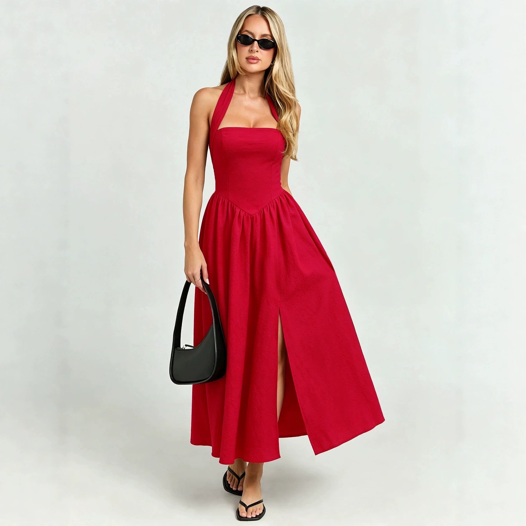 Halter Lace up Dress Women Backless Waist Trimming Large Swing Split Red Atmosphere Holiday Midi Dress