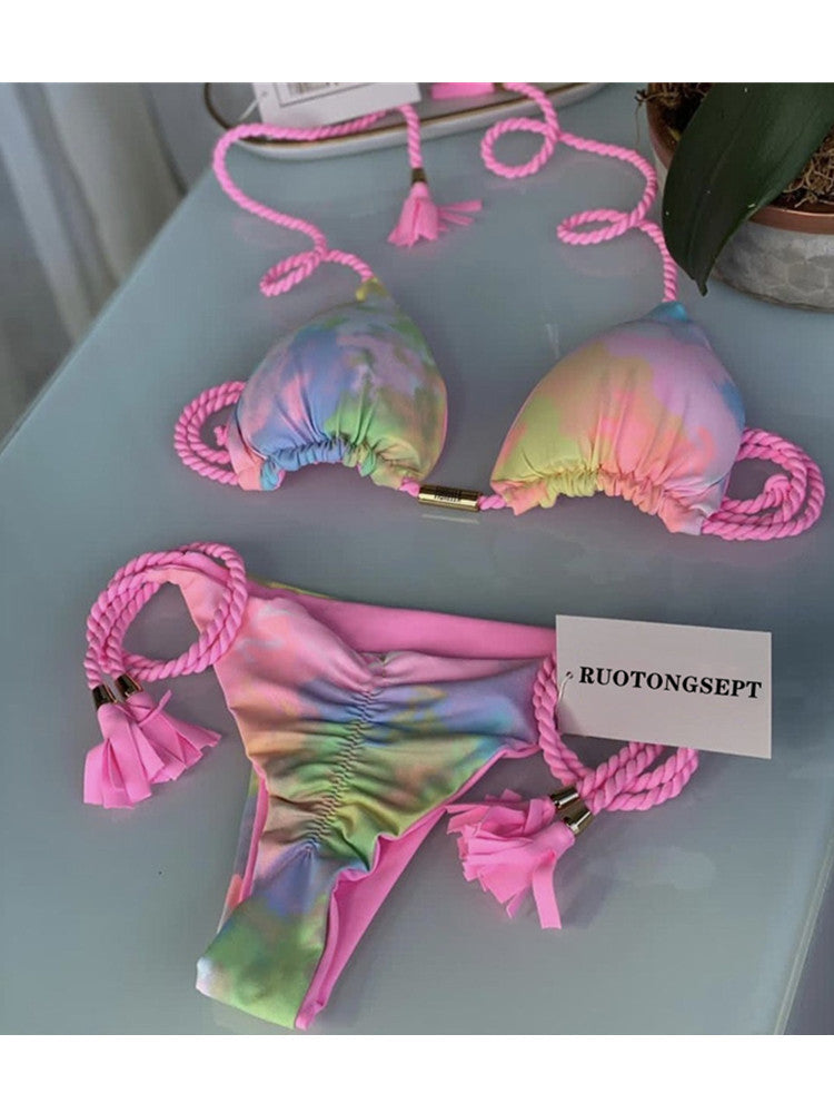 Hand Knitted Rope Swimsuit Sexy Bikini Women Split Solid Color Sexy Multicolor Braided Rope Bikini