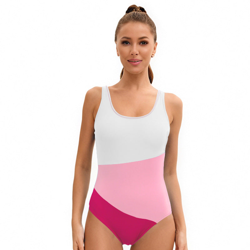 Solid Color Stitching Women Swimsuit Tight Backless Triangle One Piece Racing Swimsuit