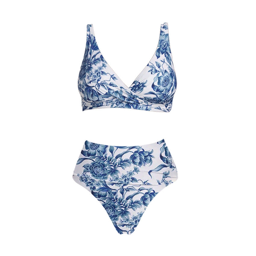 Bikini Blue Color Floral Vacation Split Swimsuit Women