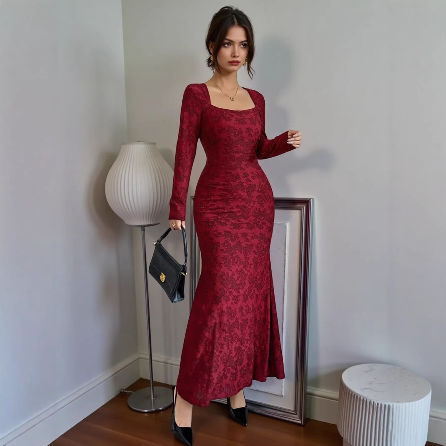 Spring Dress Elegant Slim Fit Square Collar Lace Long Sleeve Dress