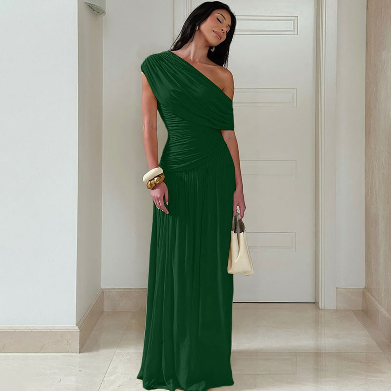 Women Clothing Spring Arrival Fashionable Sexy Diagonal Collar Pleated Asymmetrical Solid Color Dress