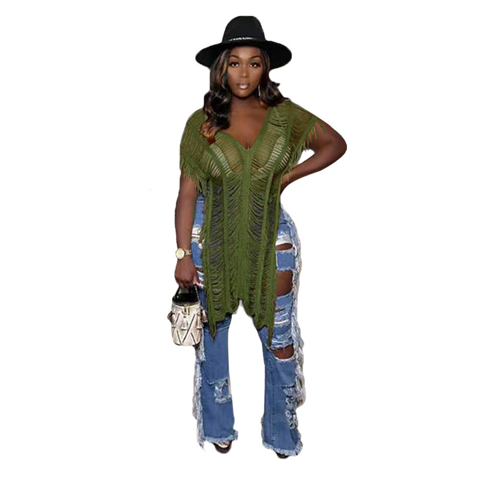 Women Clothing Solid Color Casual Tassel Hollow Out Cutout T shirt