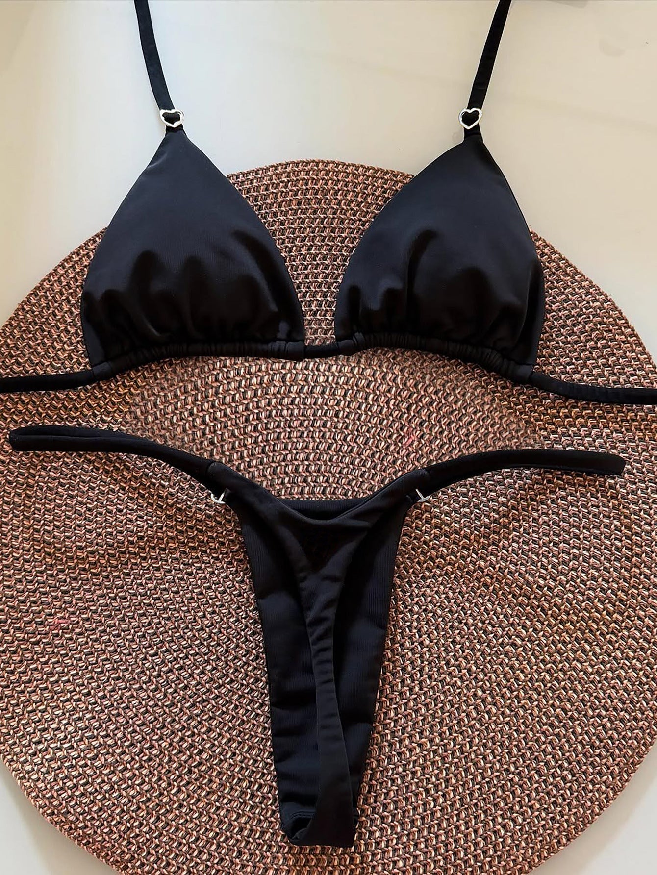 Ladies Split Solid Color Love Heart Decorative Buckle T Back Bikini Swimsuit Bikini