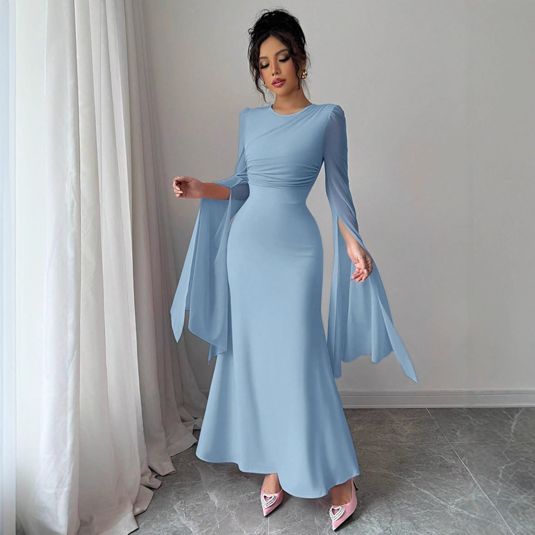 Spring Stitching Mesh Large Swing Sleeves Sexy Slim Fit Fishtail Dress
