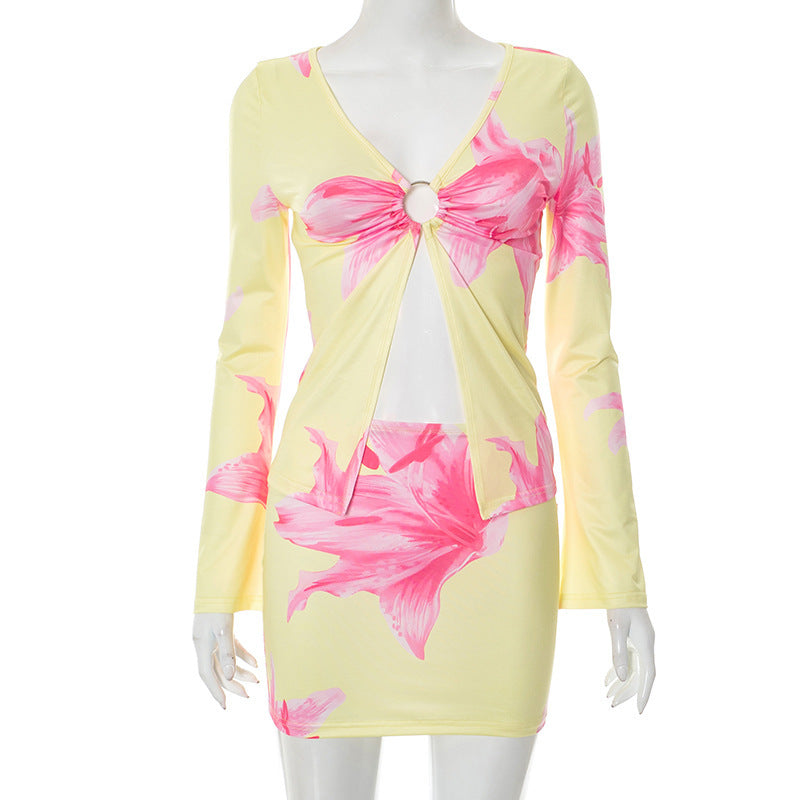 Floral Print Long Sleeve Ring Slit Top Tight Two Piece Sets