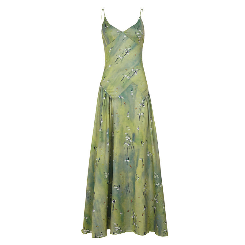 Romantic Floral Printed V neck Strap Dress Vacation Fresh Stylish Elegant Expansion Dress Women