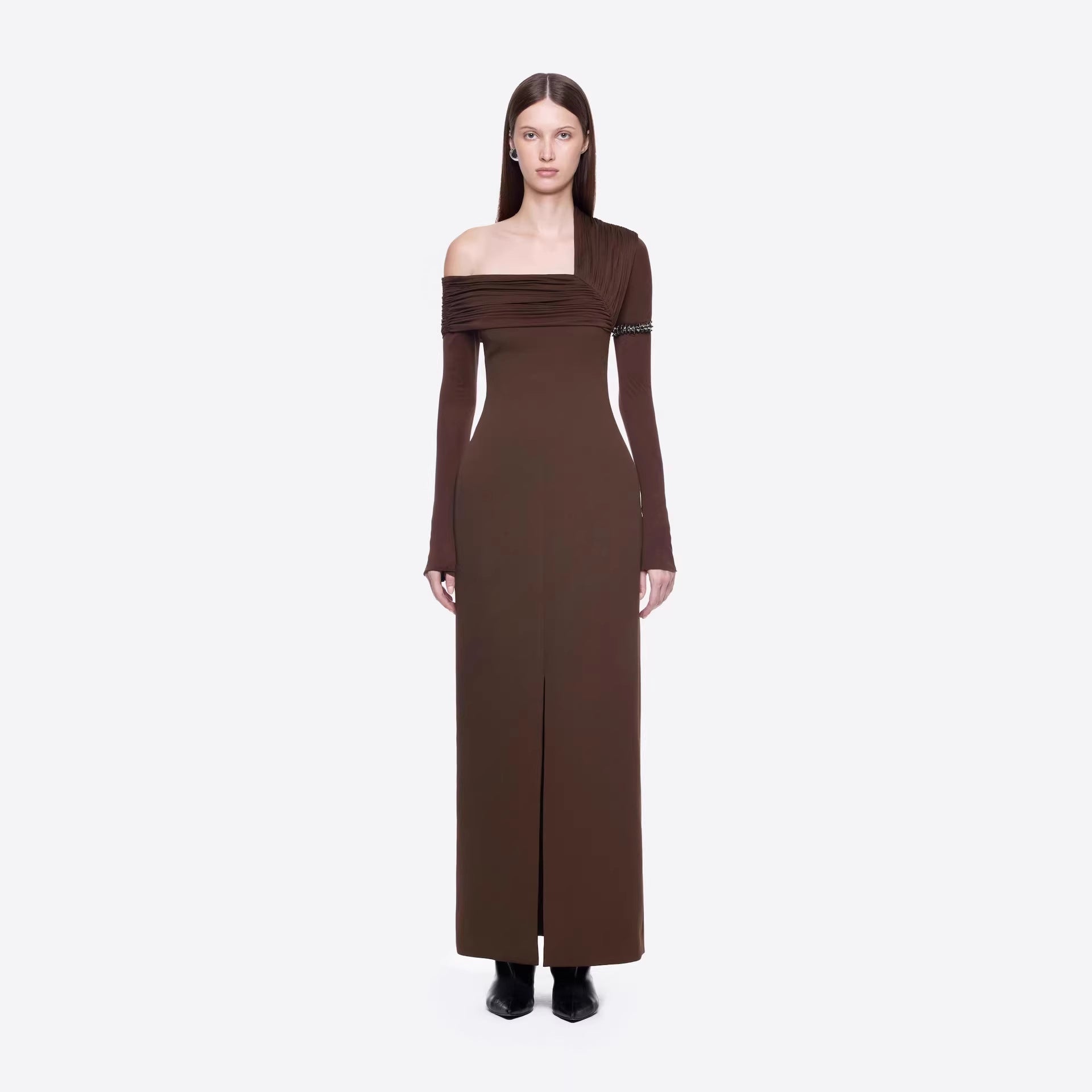 Spring Dark Brown One Shoulder Dress Pleated High Slit Maxi Dress the Dinner Party Host