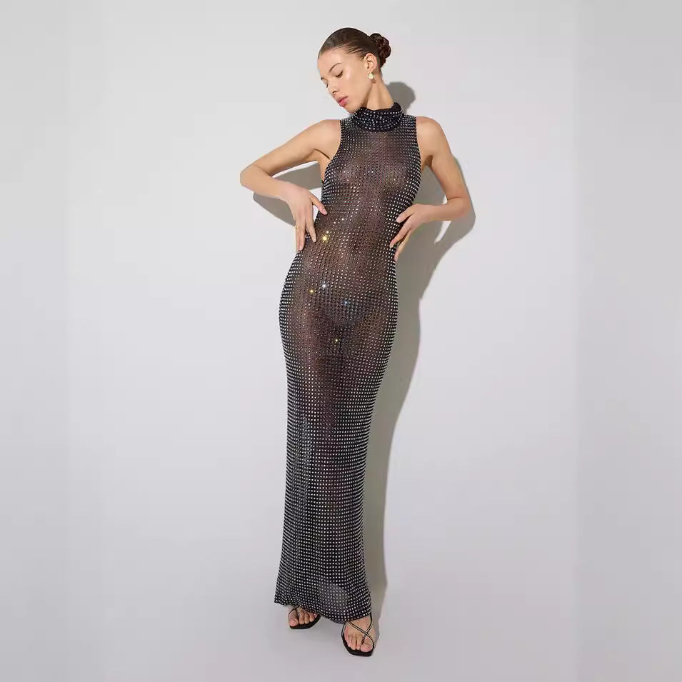 Summer Sexy Sheer Cutout Maxi Dress Mesh Rhinestone Sleeveless Maxi Dress Women