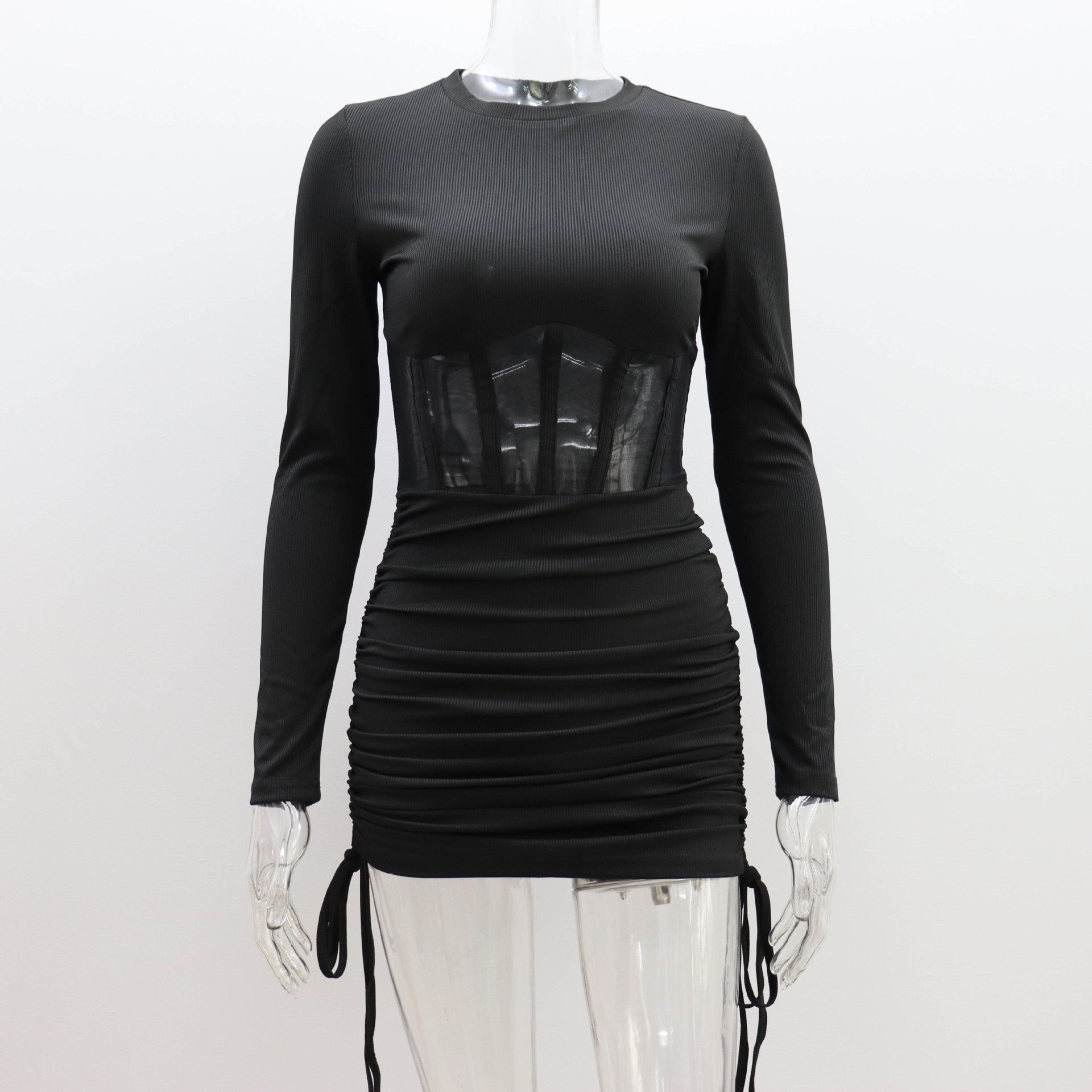 Mesh Hollow Out Cutout Waist Dress for Women Spring Summer Women Wear round Neck Sexy Long Sleeve Pleating Short Dress for Women