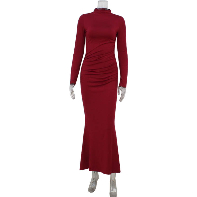Fall Women Clothing Long Sleeve Slim Fit Solid Color Simple Fishtail Hip Base Dress
