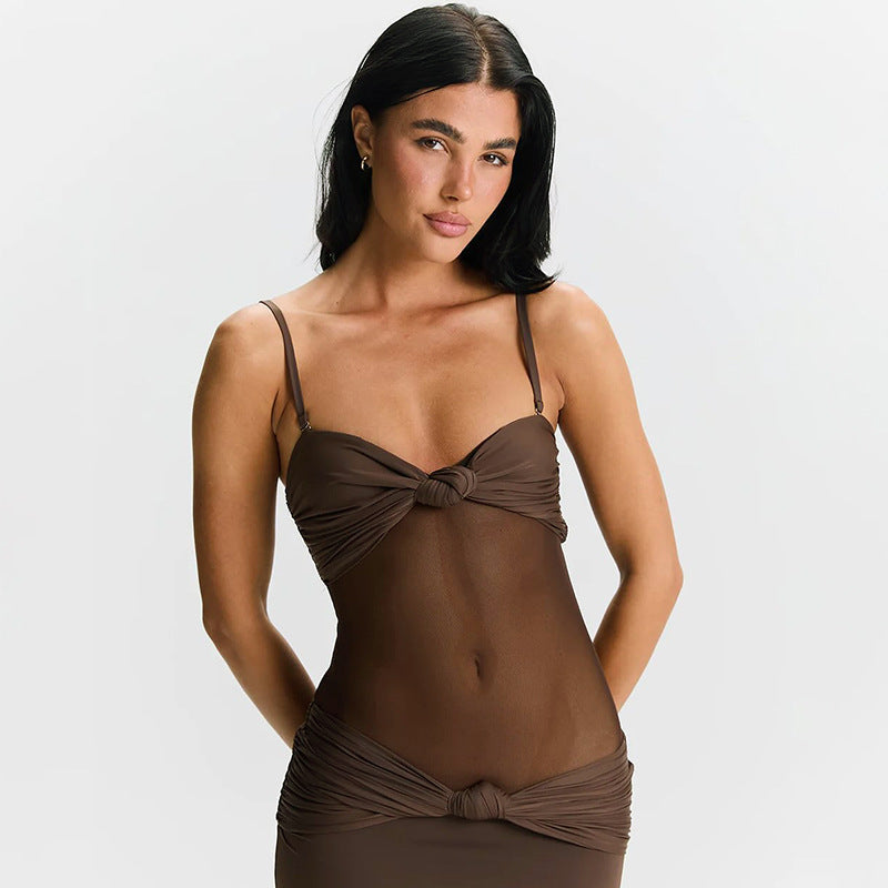Women Clothing Detachable Shoulder Strap Twist Mesh Slim Fit Dress