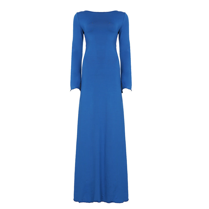 Lace up Stitched Backless Sexy Long Sleeved Dress Women Vacation Elegant Pure Maxi Dress